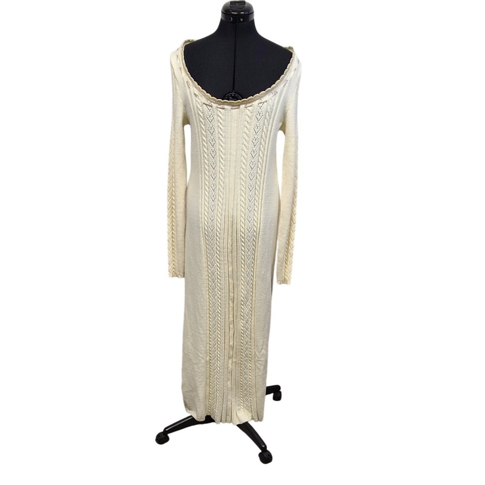 Free People Cream Cable Knit Maxi‎ Sweater Dress Front Ribbon Detail XL